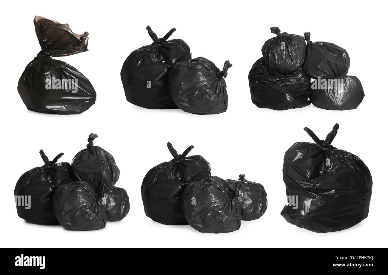Set with black trash bags full of garbage on white background Stock