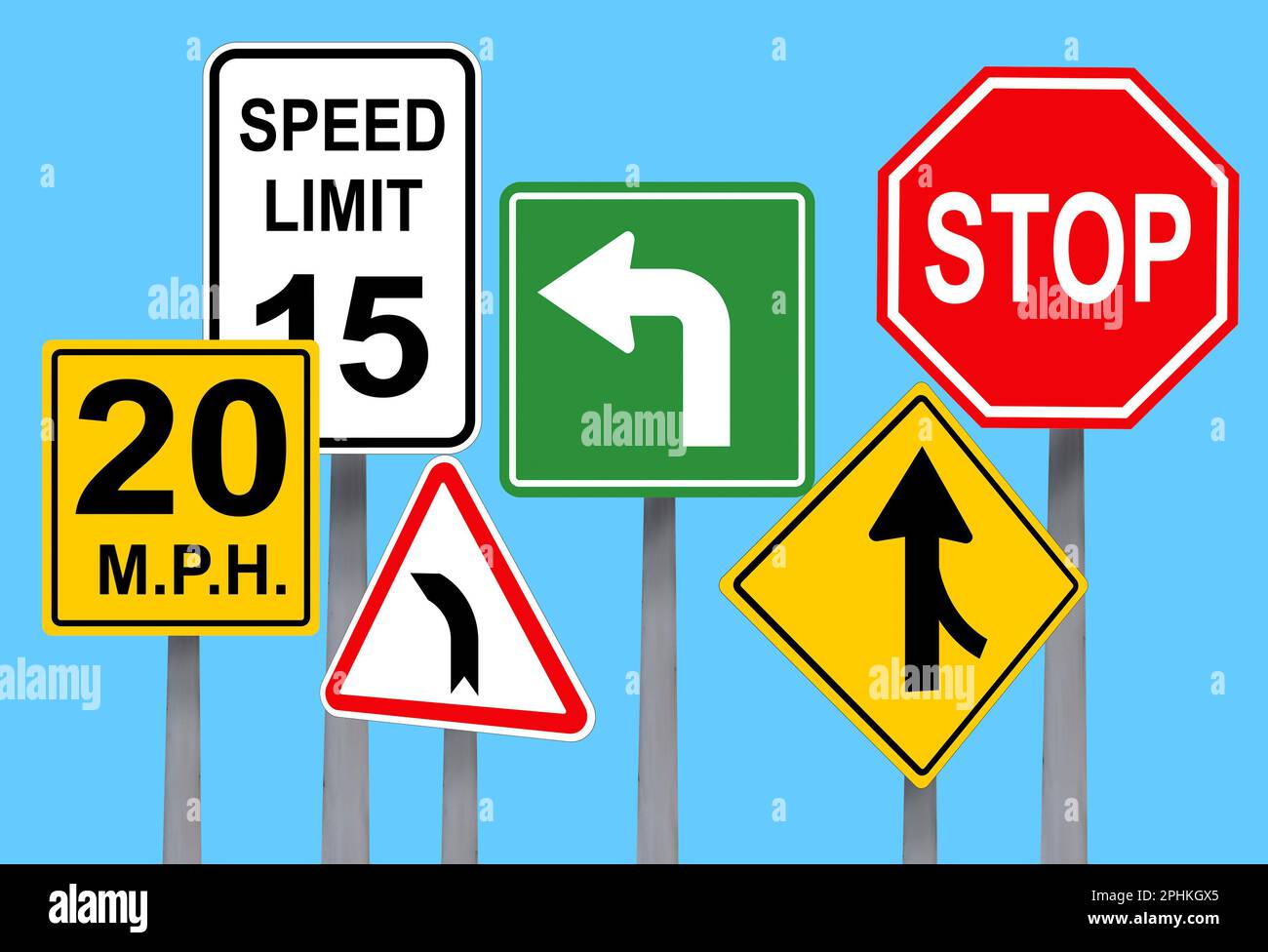 Collection of different traffic signs on turquoise background Stock Photo