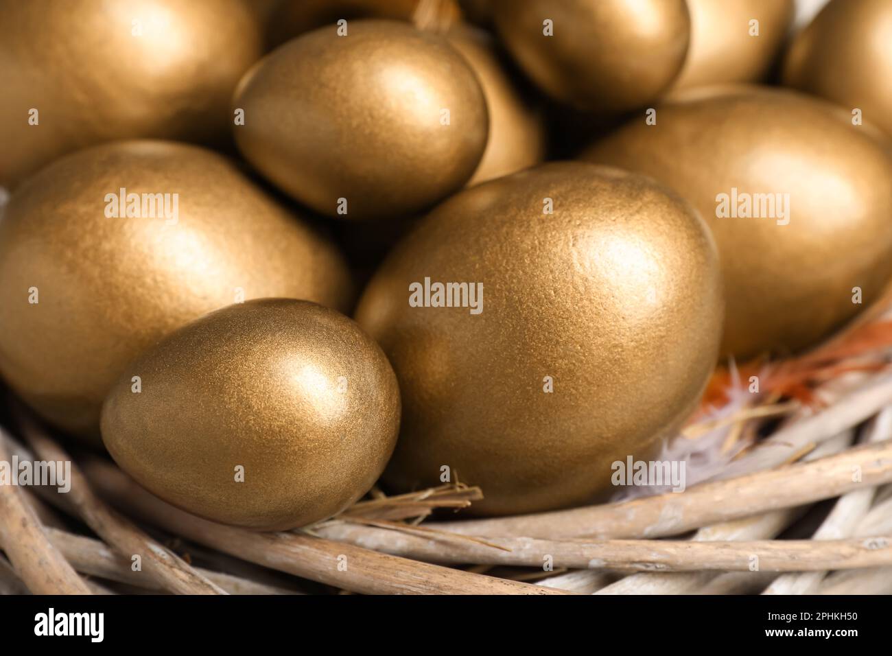 Many shiny golden eggs in nest, closeup Stock Photo Alamy