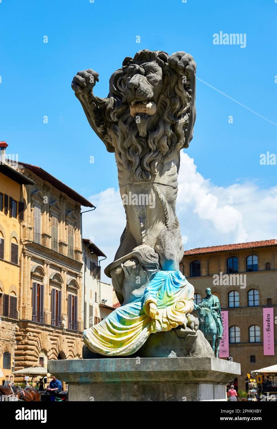 Lion monument at Piazza della Signoria in Ukrainian colors Stock Photo