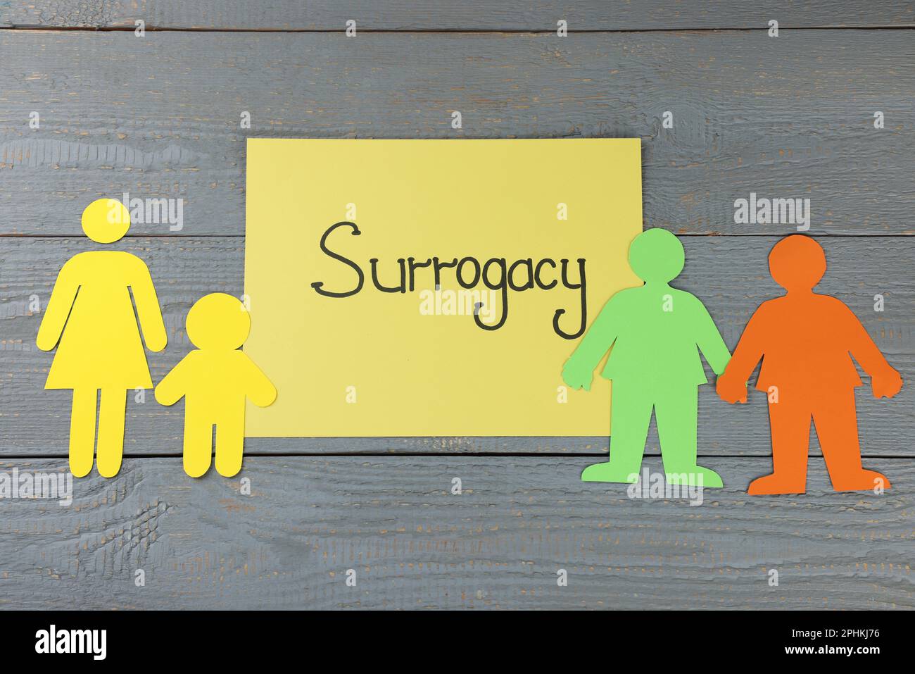 Sheet with word Surrogacy near paper woman, child and gay couple cutouts on grey wooden table, flat lay Stock Photo