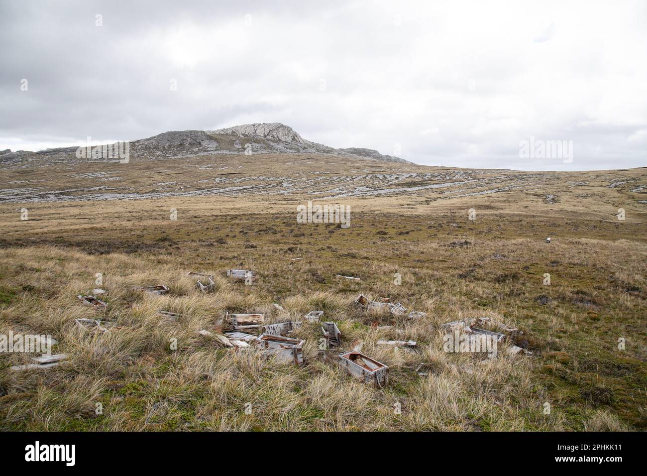 Discarded ammunition boxes from The Falklands War in 1882, near the bottom of Mount Harriet, Falkland Islands Stock Photo