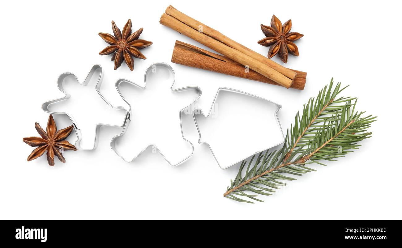 Different cookie cutters, cinnamon sticks, fir branch and anise stars on white background, top view Stock Photo