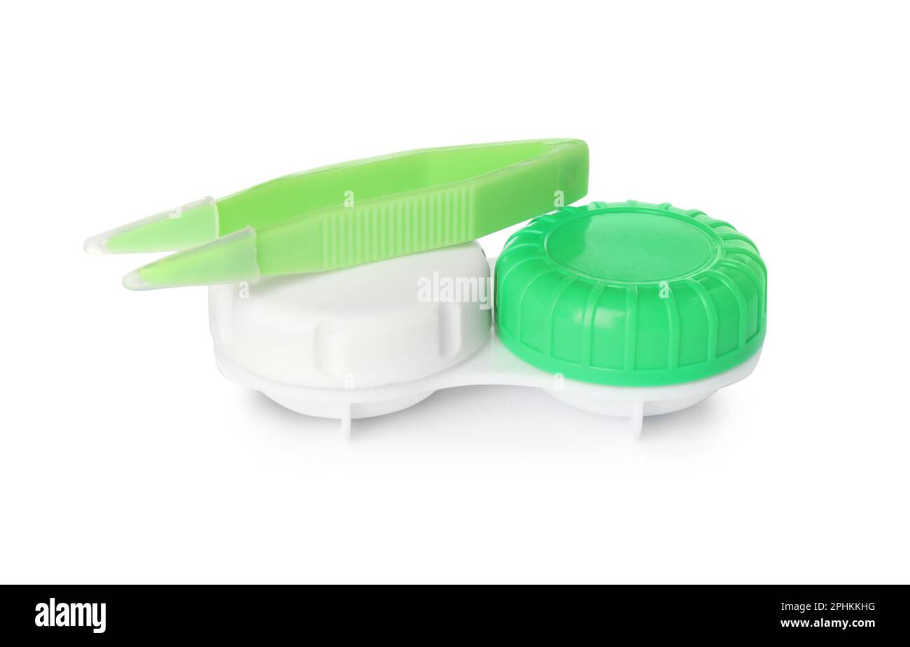 Case with contact lenses and tweezers on white background Stock Photo