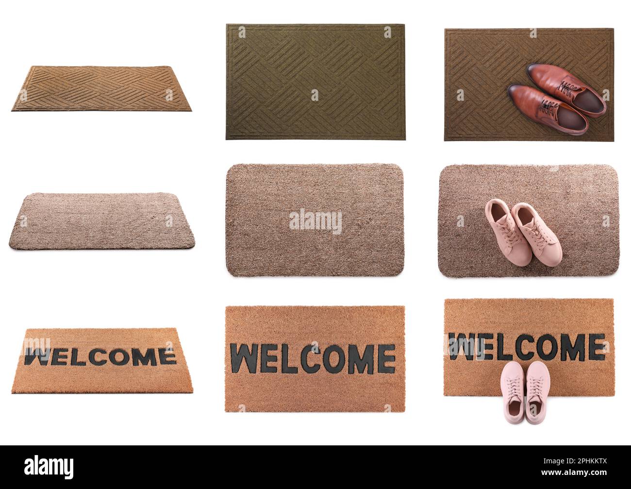 Set with different door mats and shoes on white background Stock Photo