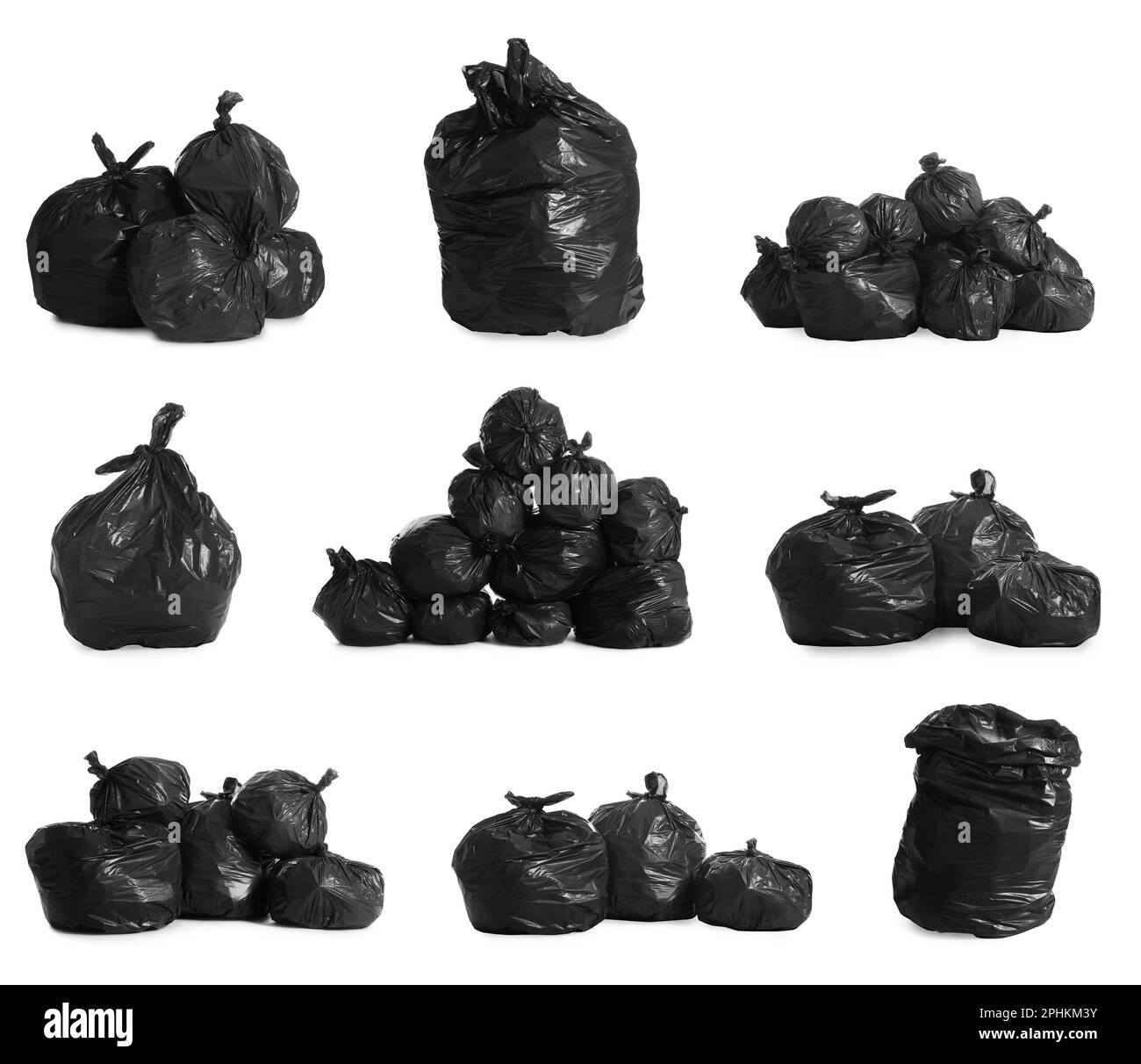 Set with black trash bags full of garbage on white background Stock