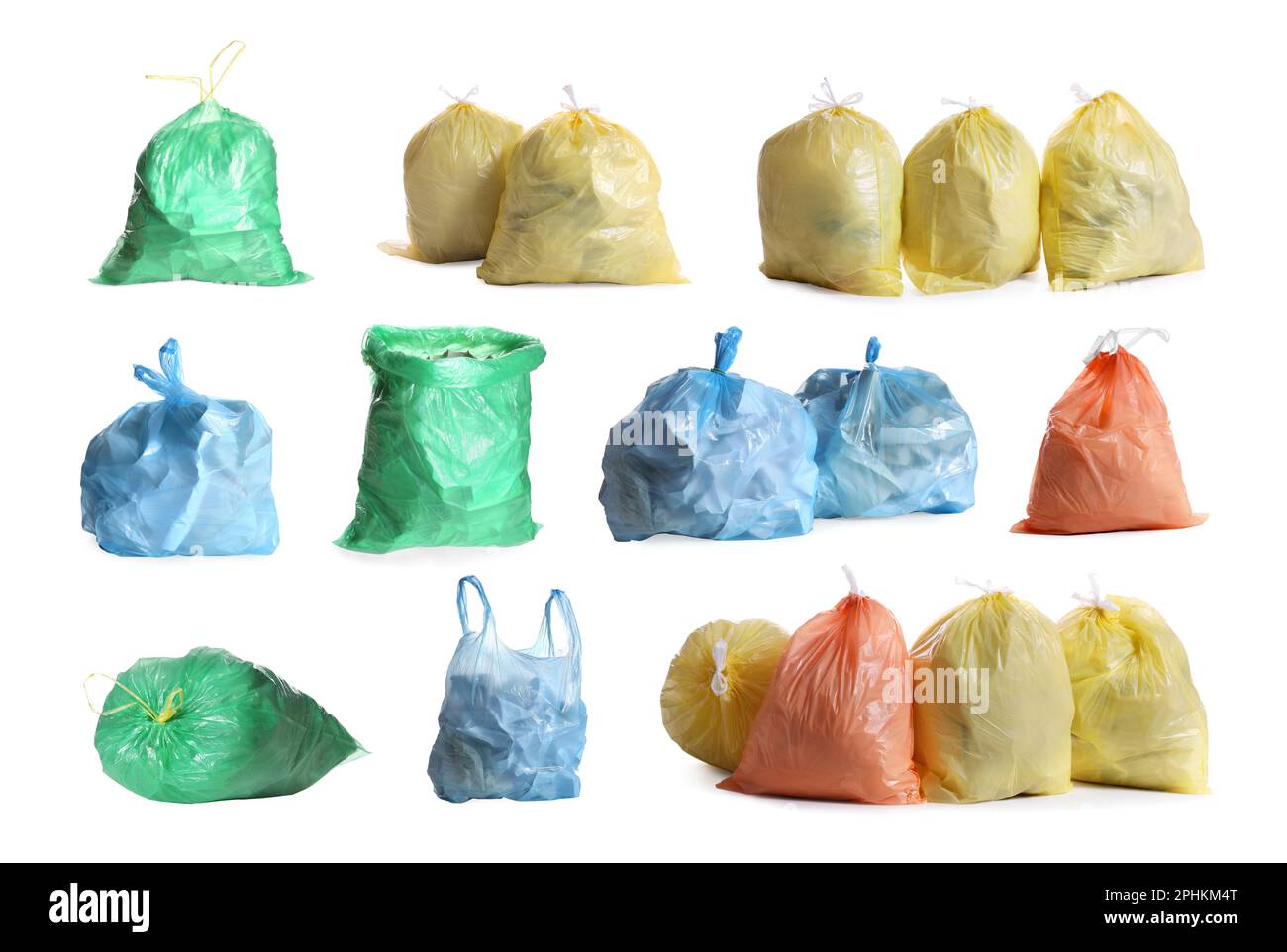 Set with different trash bags full of garbage on white background Stock Photo Alamy