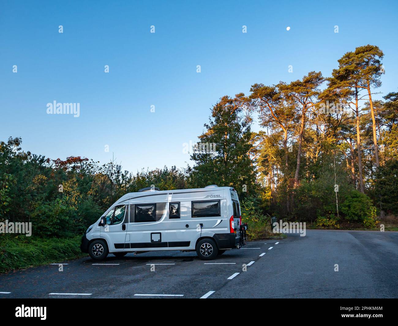 Campervan parked on motorhome parking for overnight stay, Nijverdalseberg, Nijverdal, Overijssel, Netherlands Stock Photo