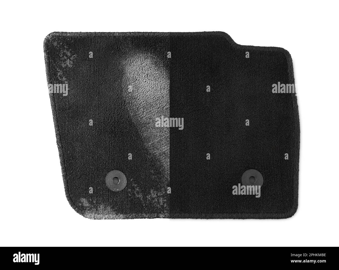 Black car floor mat, part with footprint and another one clean on white