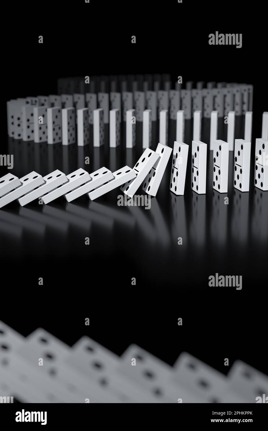 dominoes falling in a spiral on a black background. 3d render Stock Photo