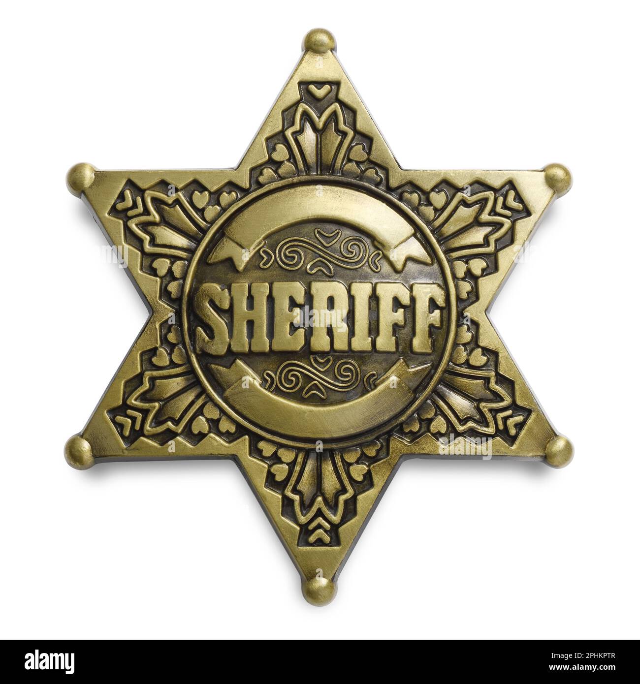 A gold coloured metal Sheriff badge in the shape of a six pointed star Stock Photo