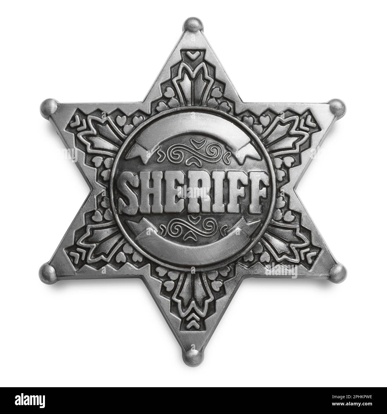 A silver coloured metal Sheriff badge in the shape of a six pointed star Stock Photo