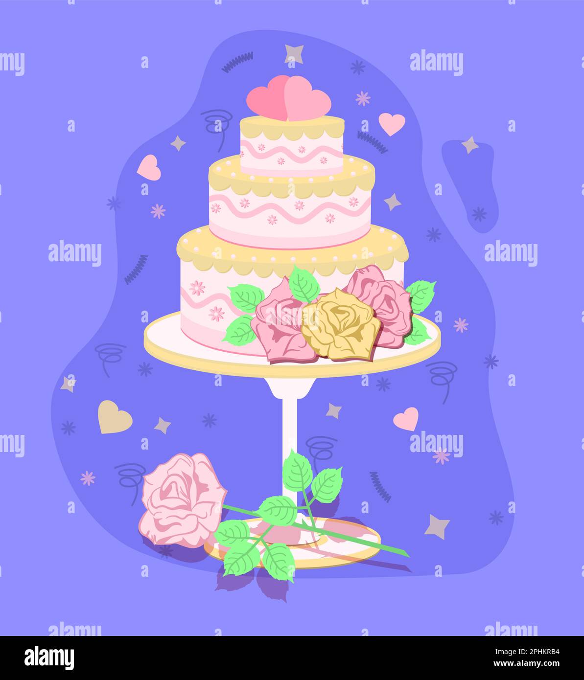 Wedding cake decorated with flowers and hearts. Vector illustration ...