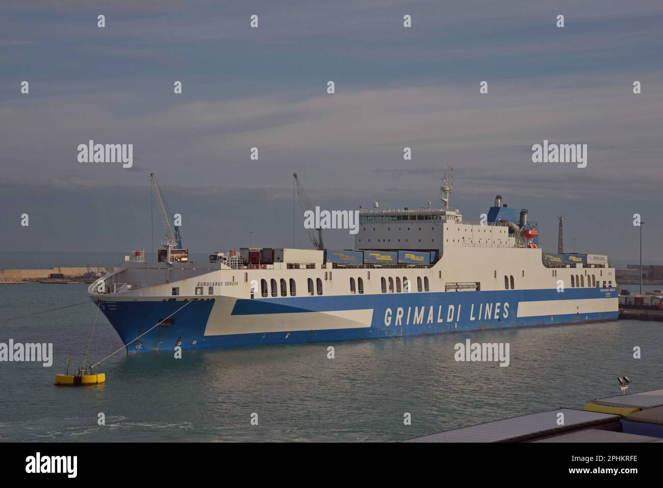 The Eurocargo Genova, A 32000 tonne Ro-Ro Cargo ferry, owned by Grimaldi Euromed, moored in Bari Port, Italy, January 2022 Stock Photo