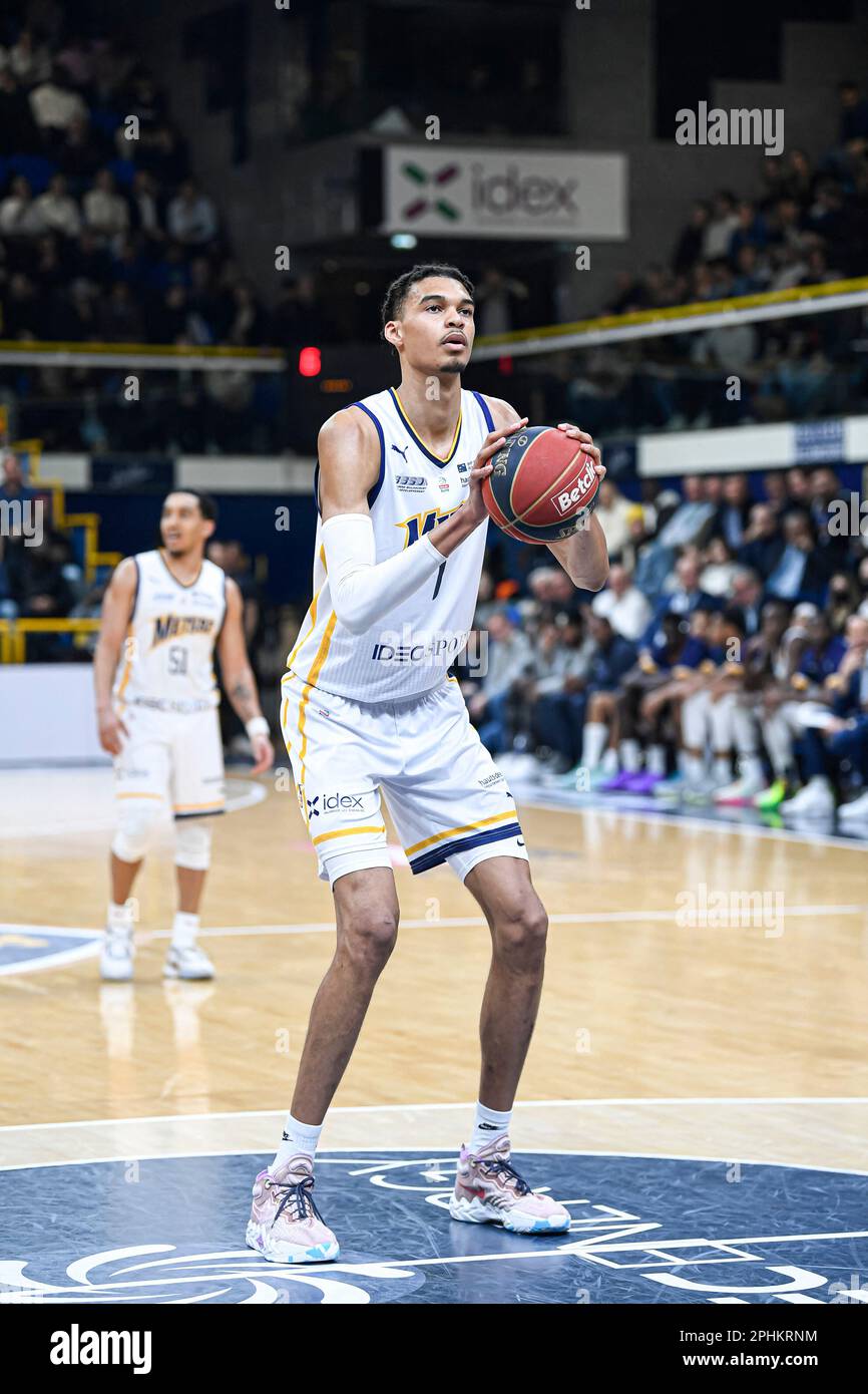 Paris, France. 28th Mar, 2023. Victor Wembanyama during the French  championship, Betclic elite basketball match between Le Mans Sarthe Basket  (MSB) and Metropolitans 92 (Mets or Boulogne-Levallois) on March 28, 2023 in