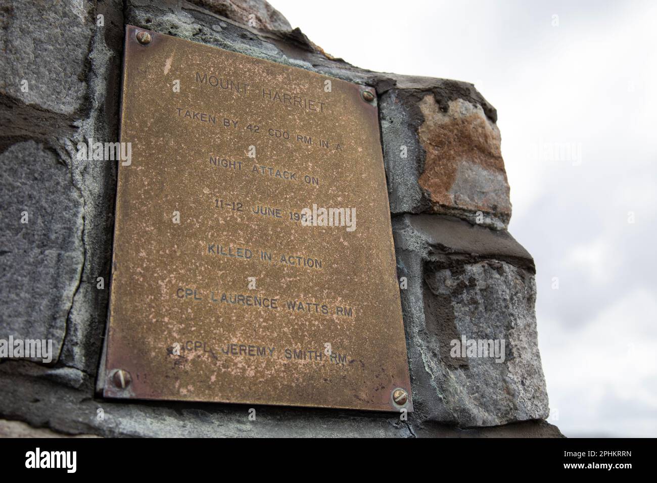Plaque on the summit of Mount Harriet, Falkland Islands, commemorating the soldiers of 42 Commando, Royal Marines, who were killed in Falklands War. Stock Photo