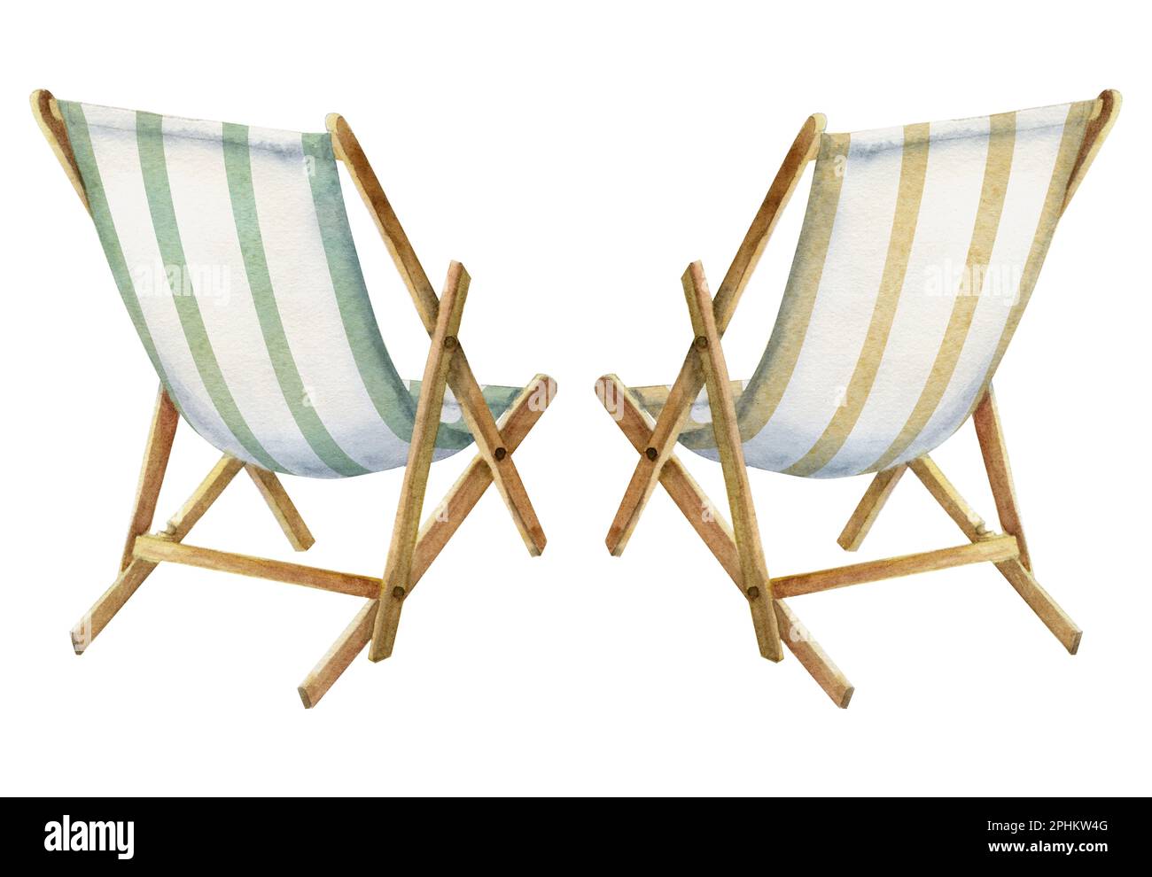 Hand drawn watercolor elements. Pair of striped beach deck chairs, sun chaise lounge. Isolated on white background. Design wall art, wedding, print Stock Photo
