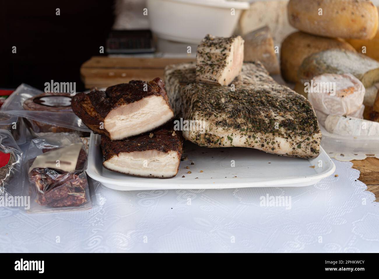Salted Lard, Lardo di Colonnata, Fat Bacon with Herbs and Spices at