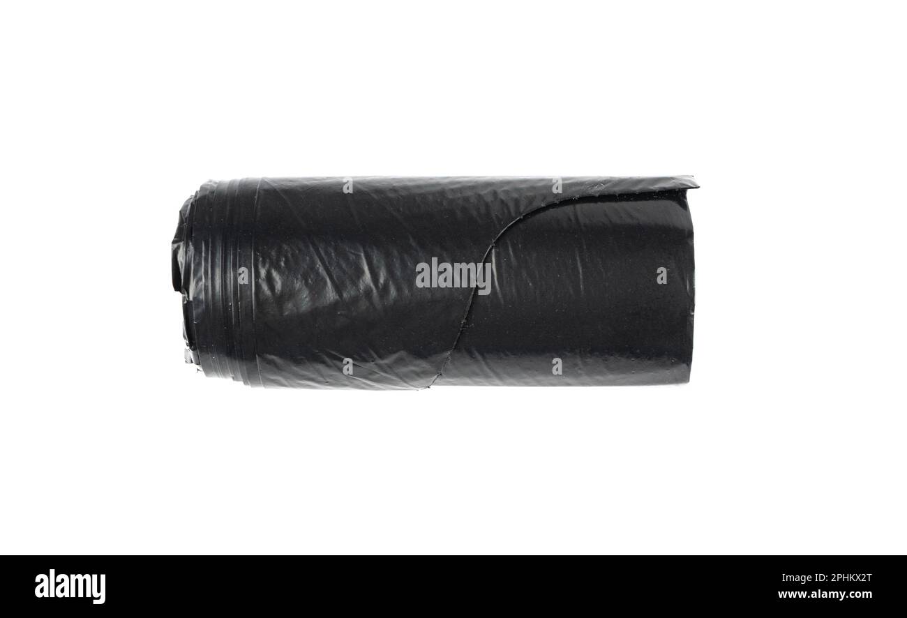 Garbage Bag Roll Isolated. Trash Package, New Rolled Plastic Bin Bags, Black Polyethylene Waste Container on White Background Stock Photo