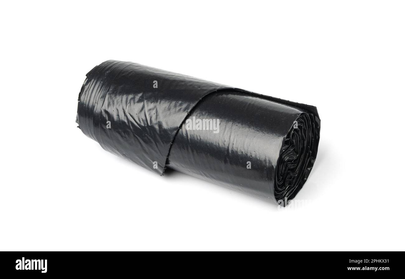 Garbage Bag Roll Isolated. Trash Package, New Rolled Plastic Bin Bags, Black Polyethylene Waste Container on White Background Stock Photo