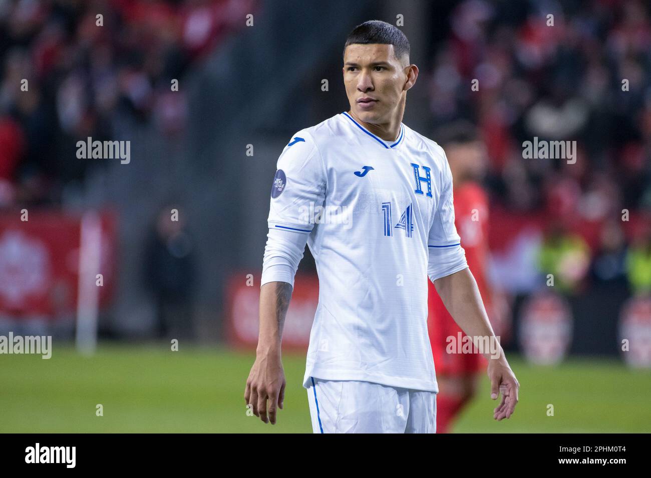Toronto, Canada. 28th Mar, 2023. Kevin Lopez #14 of Honduras team in action during the CONCACAF Nations League qualifier game between Canada and Honduras at BMO field in Toronto. The game ended 4-1 for Canada sending it to the semifinals. Credit: SOPA Images Limited/Alamy Live News Stock Photo