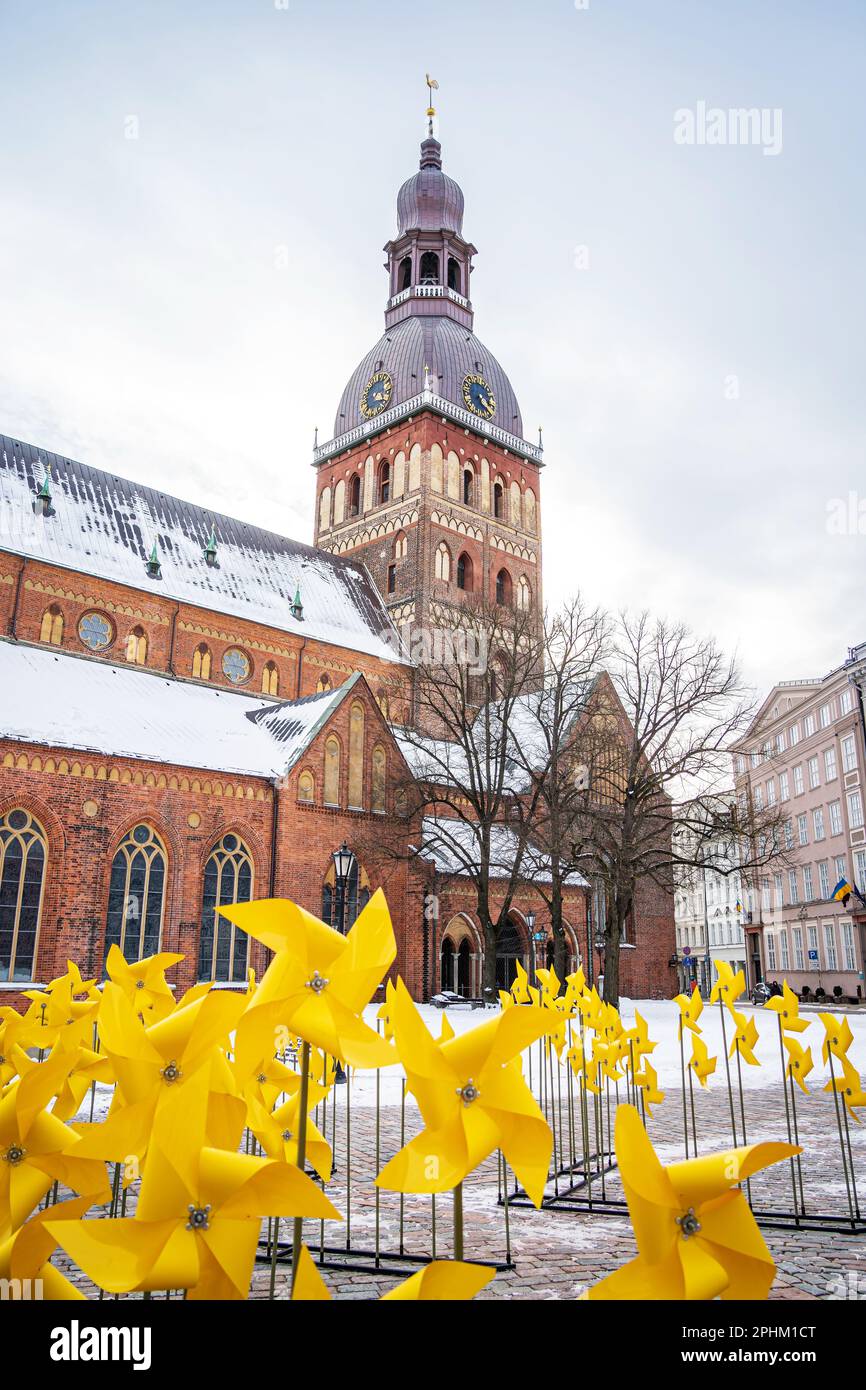 Yellow Wind Spinners installed in front of the St Mary's Dome Cathedral ...