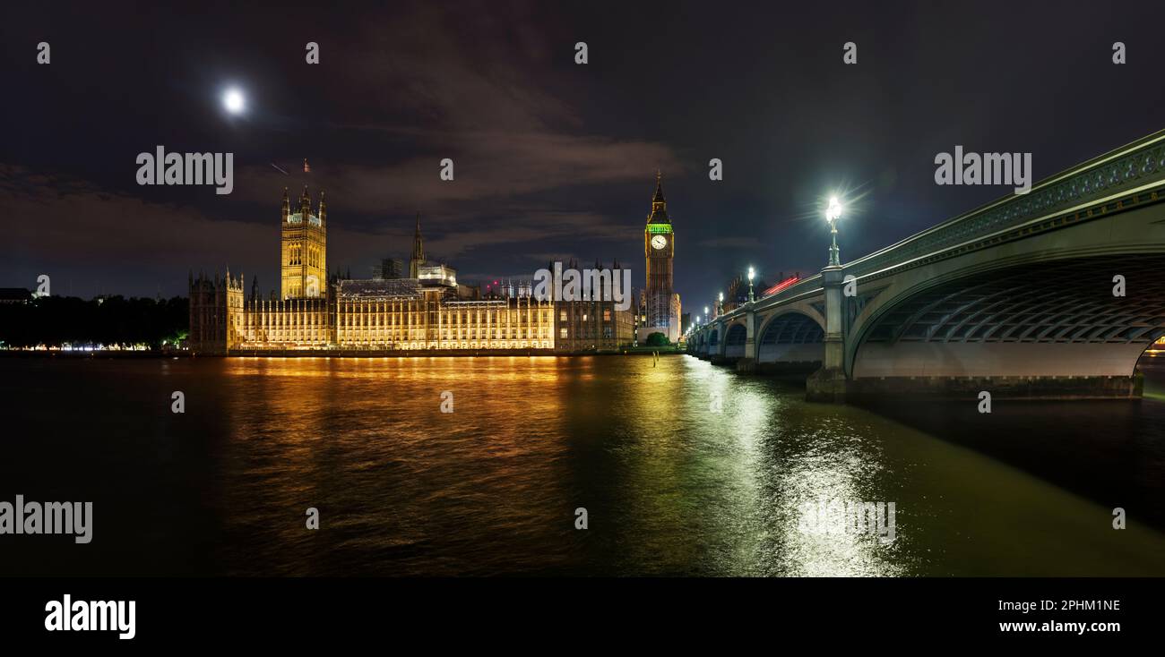At night across the Thames, Houses of Parliament or Palace of Westminster in London, England. The meeting place for the House of Commons and Lords Stock Photo