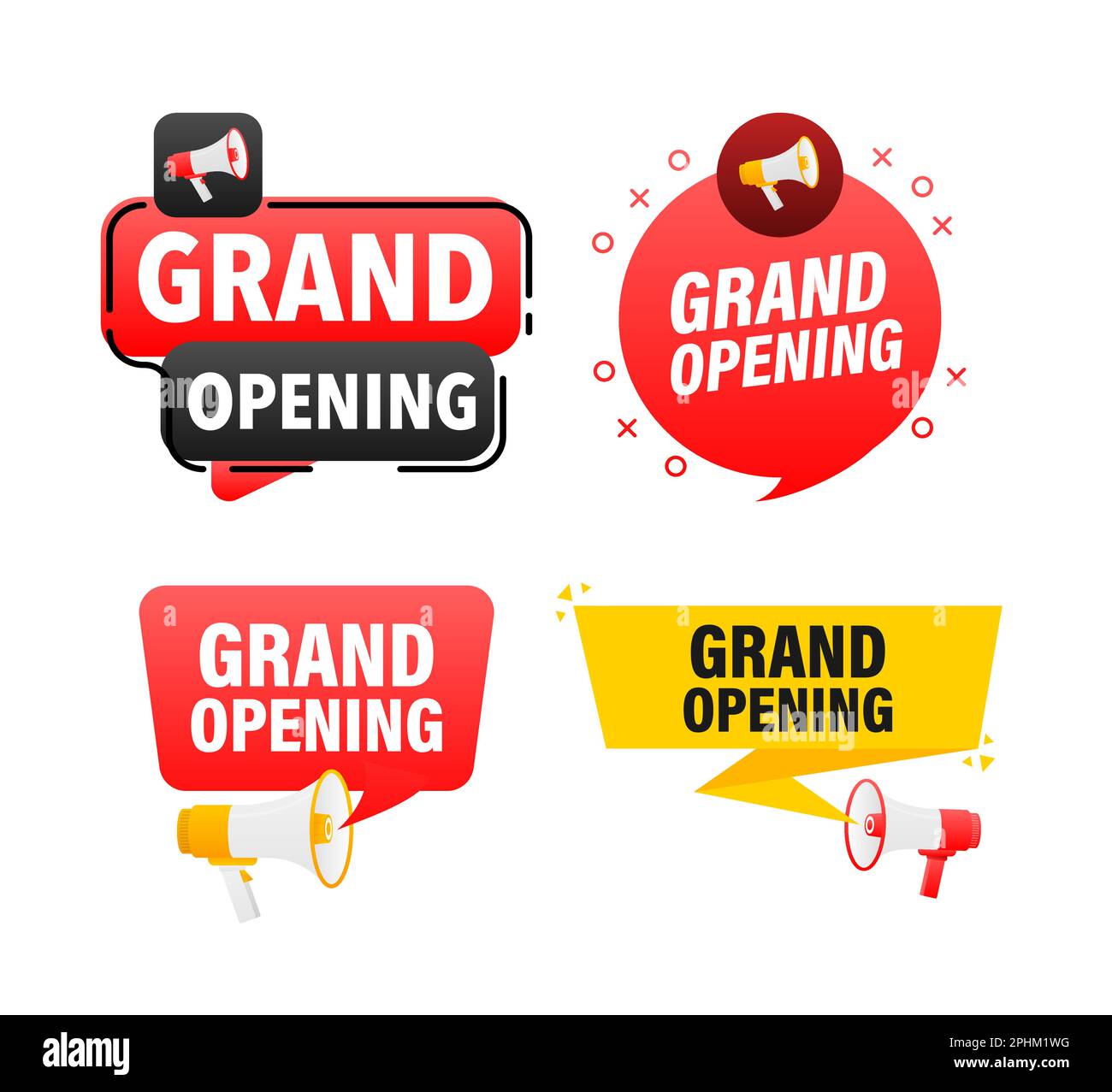 Megaphone label set with text grand opening. Grand opening announcement