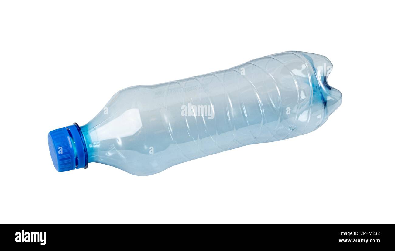 Blue Plastic Bottle Isolated, Empty Plastic Bottle, Global Pollution Concept, Water Pet Bottles on White Background Stock Photo