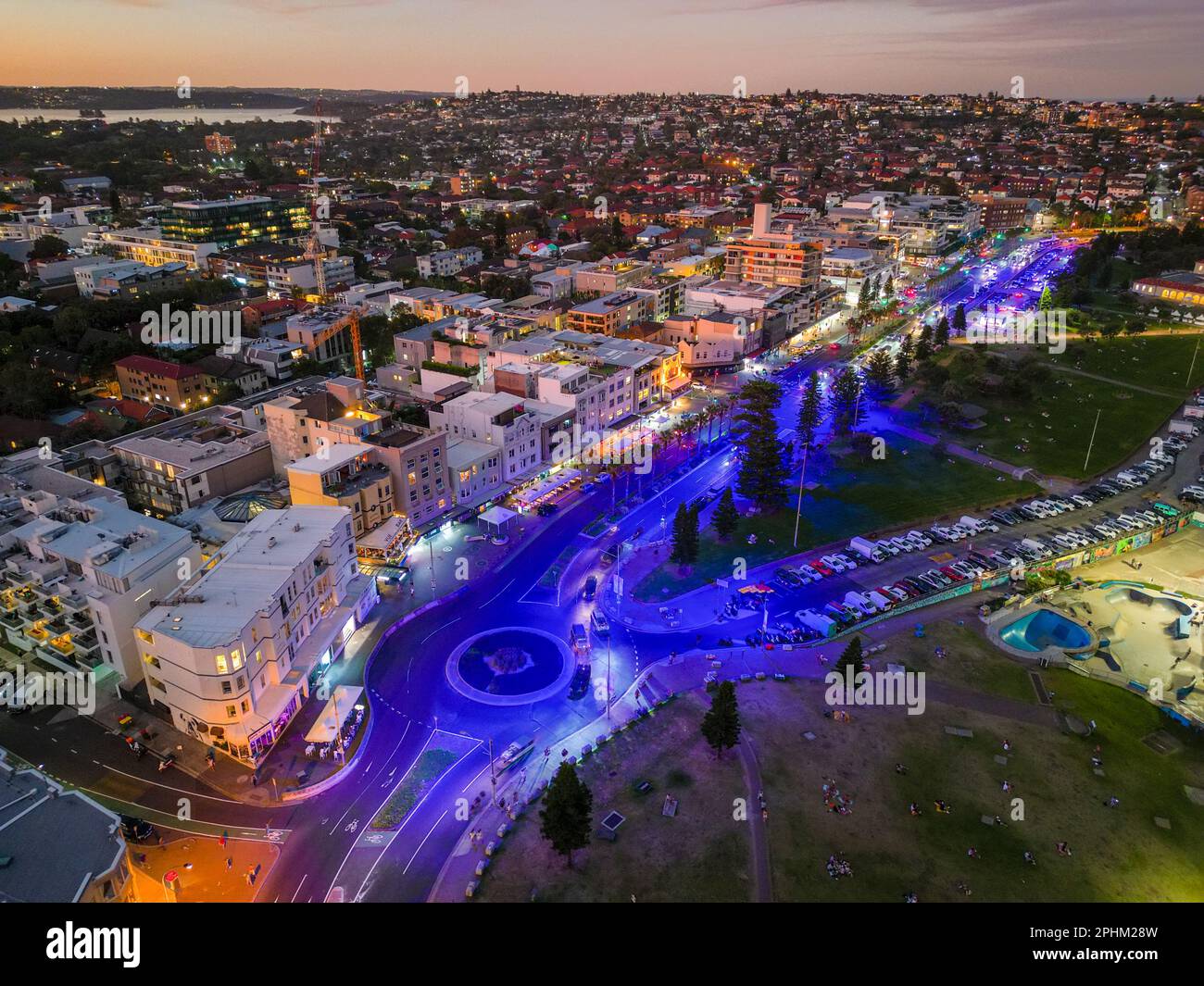 Aerial view of colourful Lights at night on Bondi Junction Australia