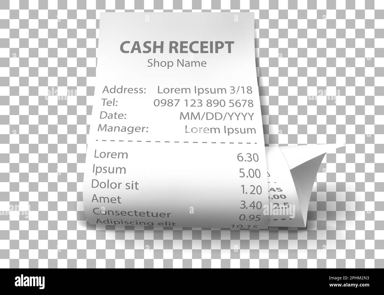 Shop receipt set of realistic isolated vector illustrations. Curled paper payment bills with barcode, goods and their price, tax, Vat and total amount Stock Vector