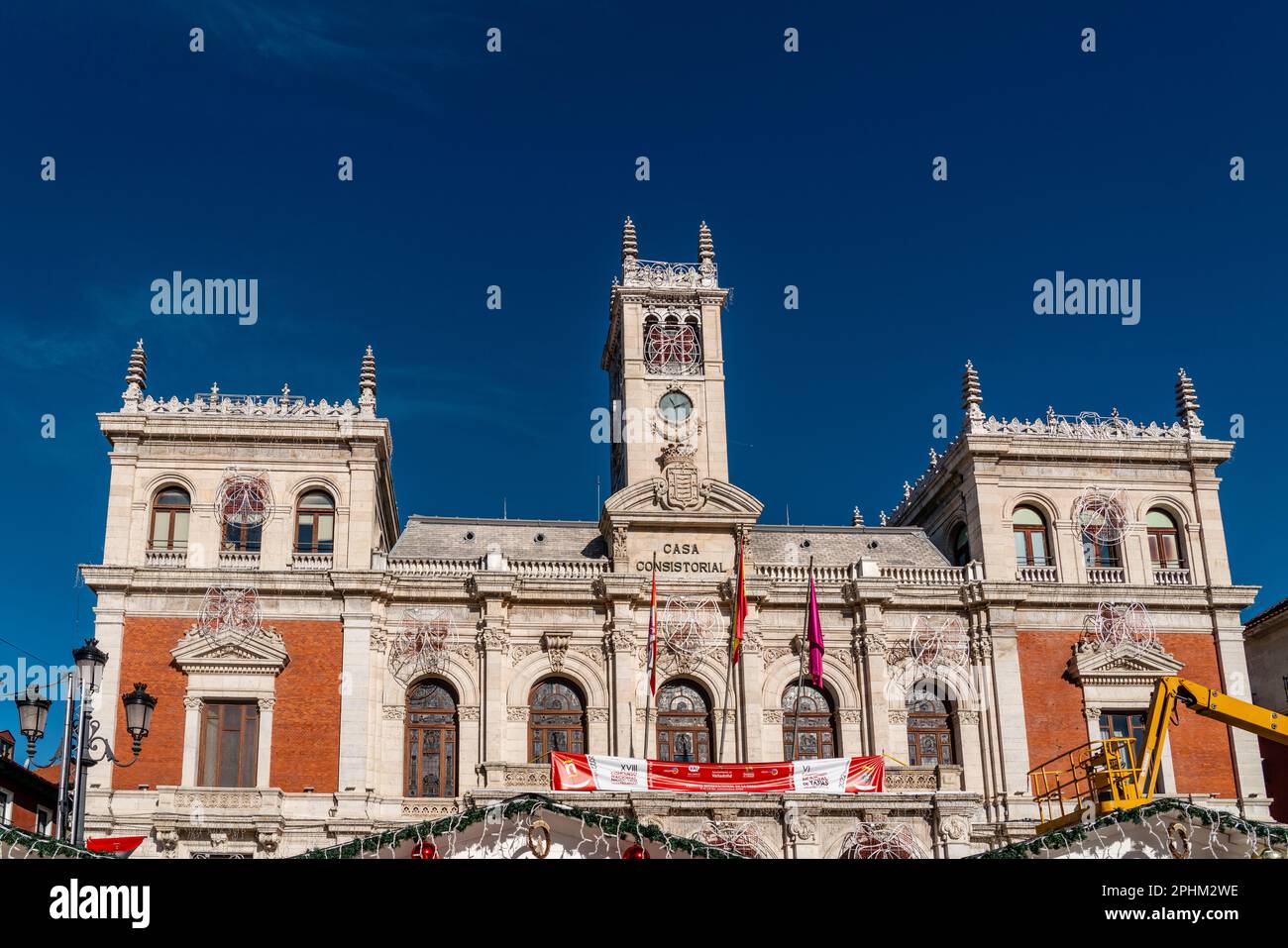 Valladolid, Spain - November 12 2022:  City center of Valladolid in Plaza Mayor Square. View of Townhall of Valladolid. Market set up for the winter Stock Photo