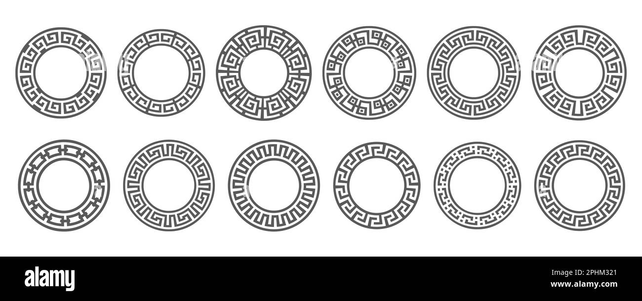 Greek round border. Circle meander frame with ancient ornament. Roman mediterranean pattern decor. Vector set Stock Vector