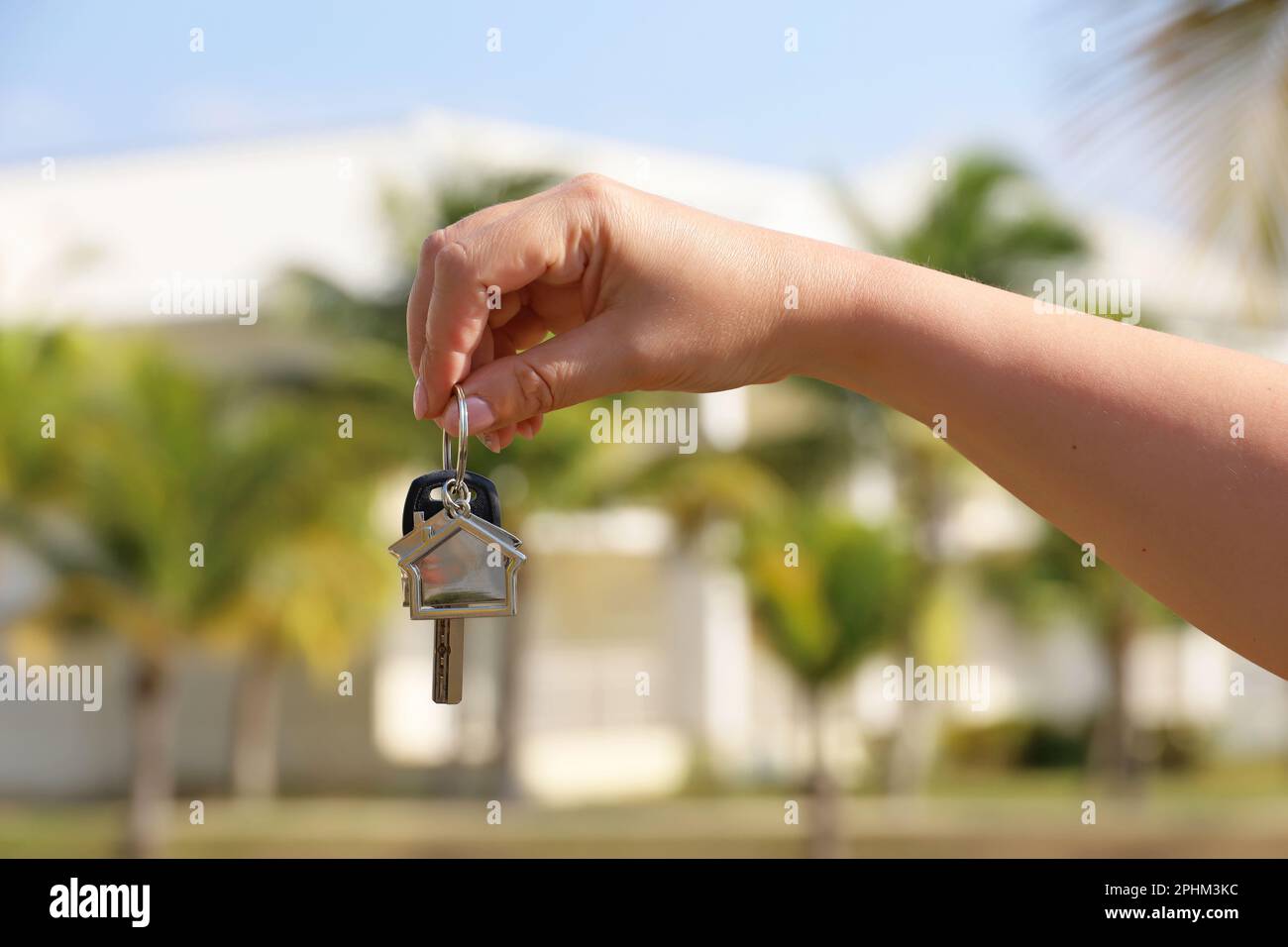 Real estate agent, home keys in female hand on background of house surrounded by palm trees. Buying or rental a villa, removal to tropical country Stock Photo