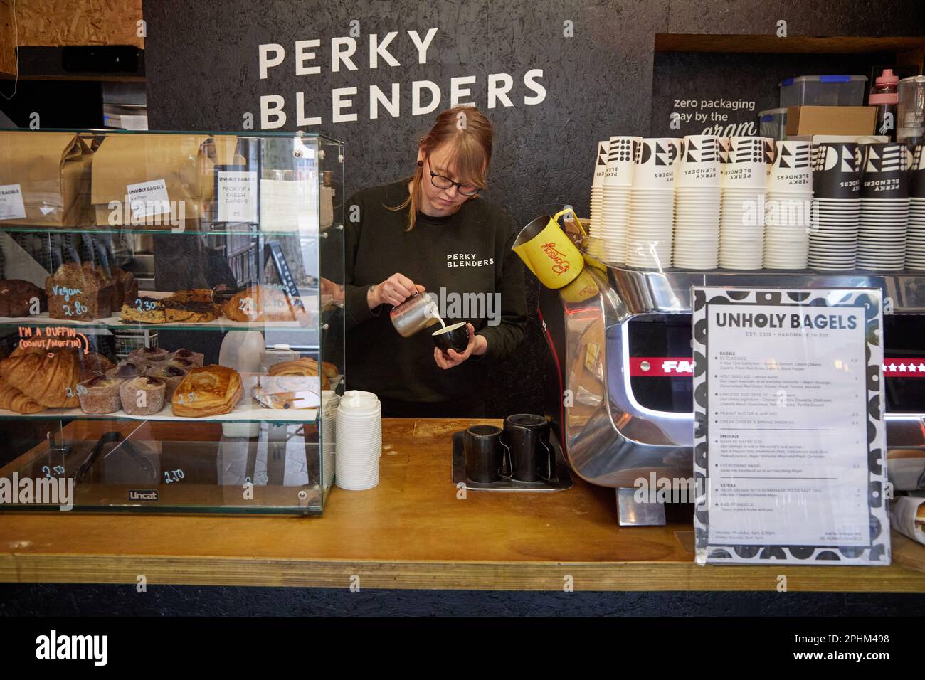 Perky Blenders coffee shop incorporating ‘Unholy Bagels’, 660 High Rd, Leyton, east London E10 6JP, England, United Kingdom. Stock Photo