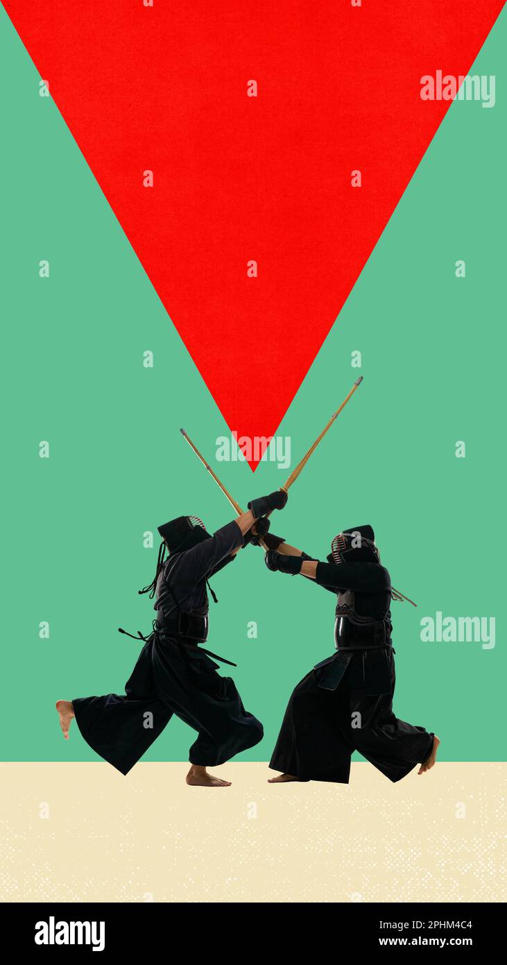 Two martial arts fighters, professional kendo athletes training