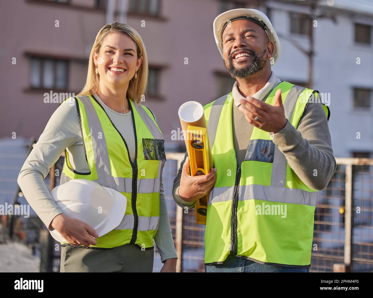 Engineer, employees and discussion for teamwork, building and happiness