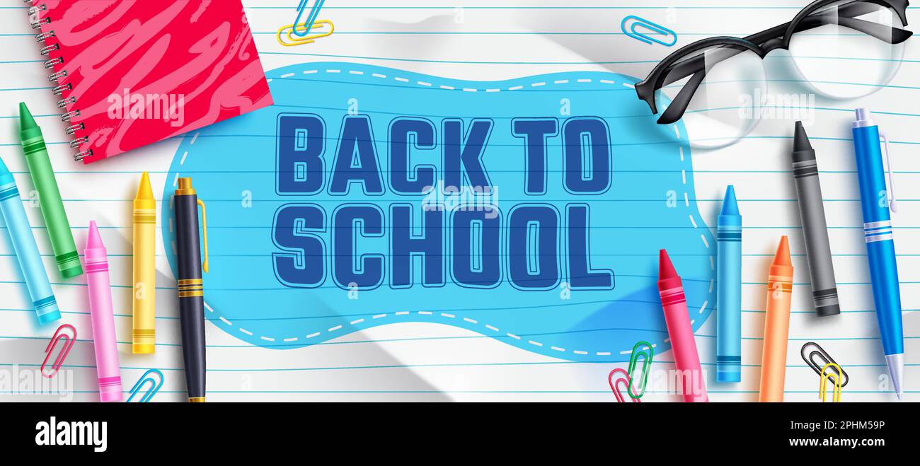 Back to school vector banner background. Back to school text with educational student supplies in white paper background. Vector illustration. Stock Vector