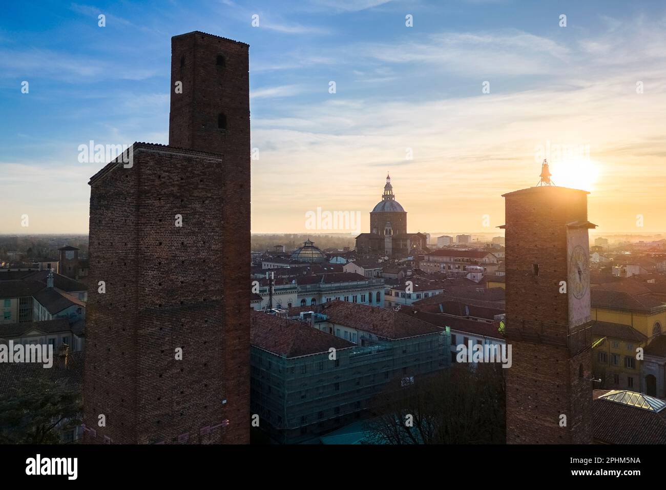 Aerial view of the old medieval towers of Pavia at sunset. Pavia, Lombardy, Italy, Europe. Stock Photo