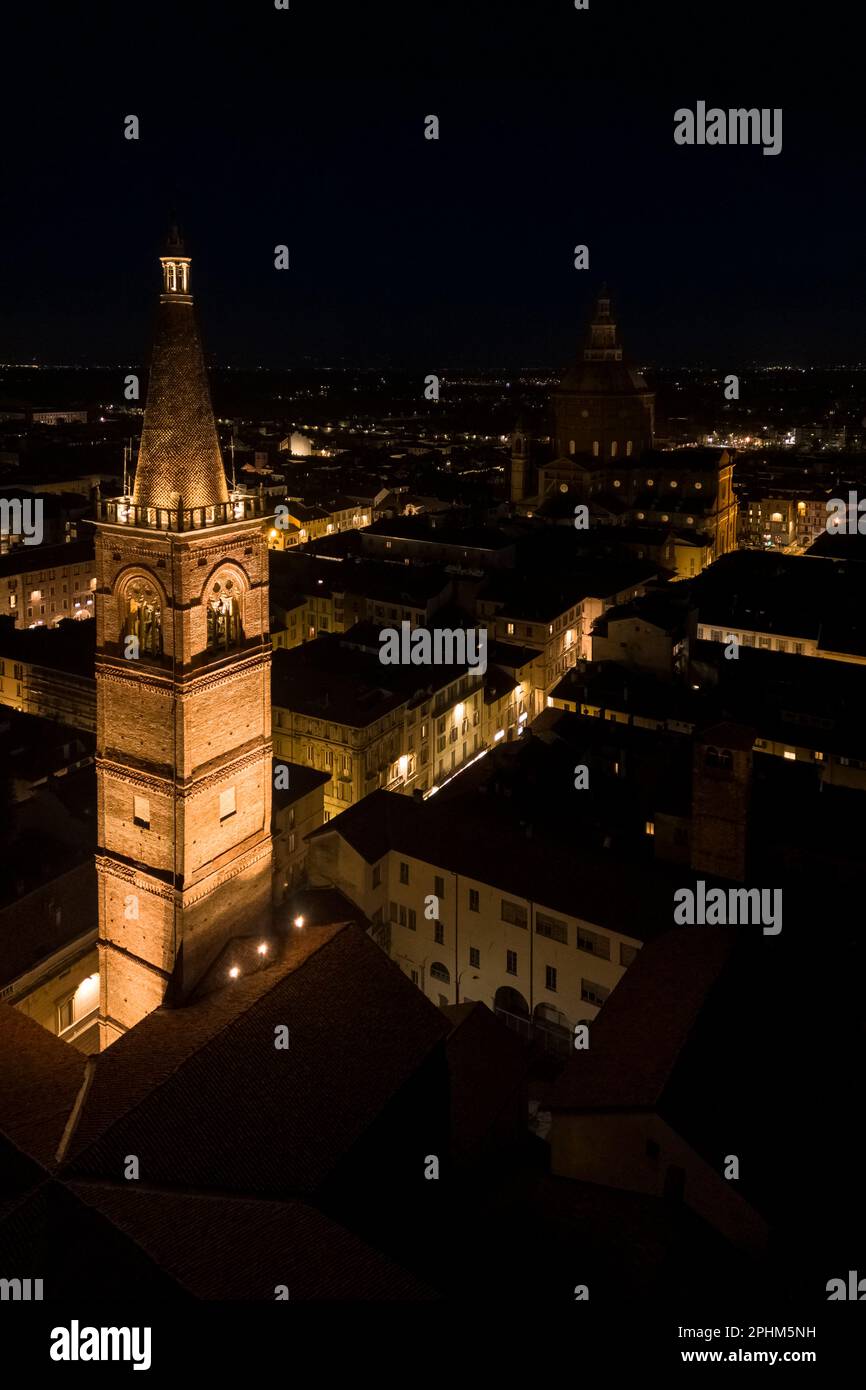 Aerial view of the old medieval church of Santa Maria del Carmine at night. Pavia, Lombardy, Italy, Europe. Stock Photo