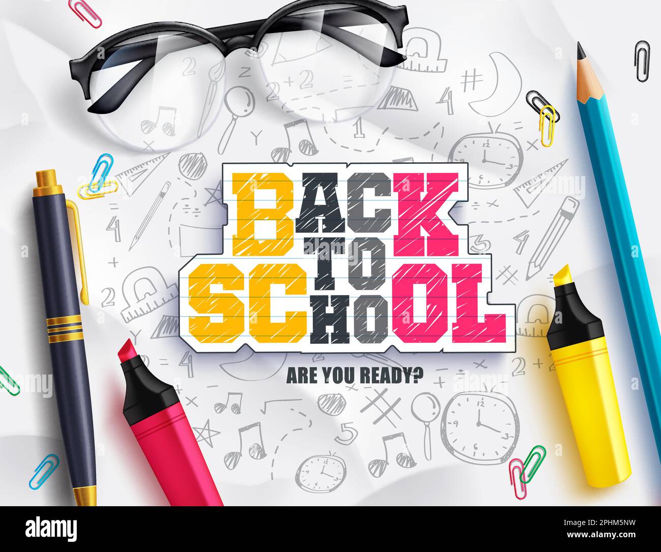 Back to school vector background. Back to school text in doddle background with student supplies element. Vector illustration education background. Stock Vector