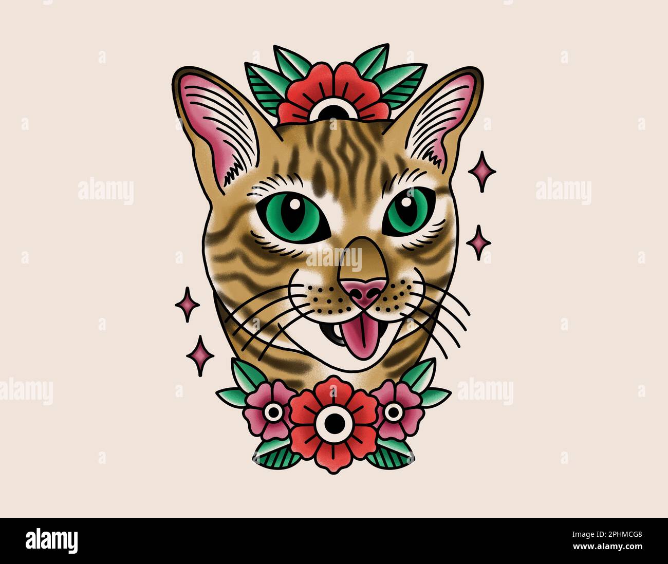 Neo traditional tattoo style drawing  cute cat face portrait with flowers, happy colors and sparkle stars Stock Photo