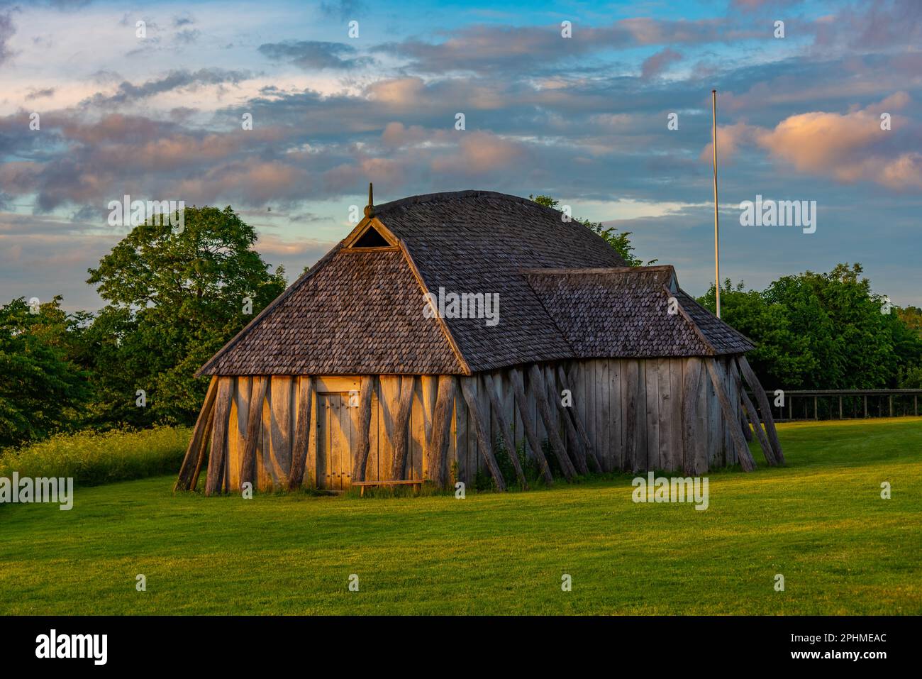 Reconstructed long-house at Fyrkat, Denmark. Stock Photo