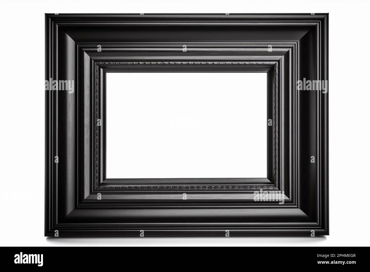 Black, empty, horizontal picture frame on white background. Frame with