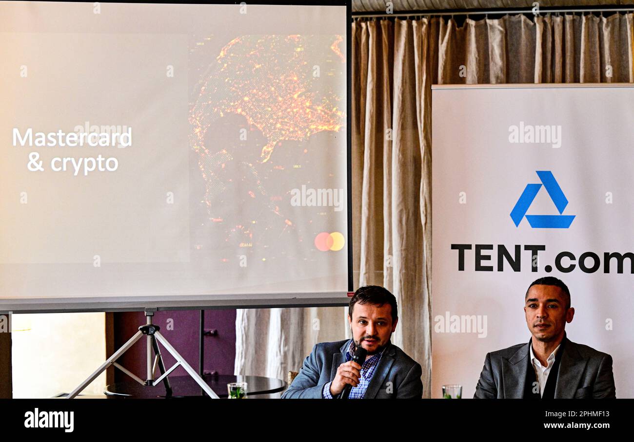 Prague, Czech Republic. 29th Mar, 2023. L-R Viktor Gresek, business  development manager at Mastercard for the Czech Republic and Slovakia, and  David Tacl, director of the TENT.com, attend the press conference to