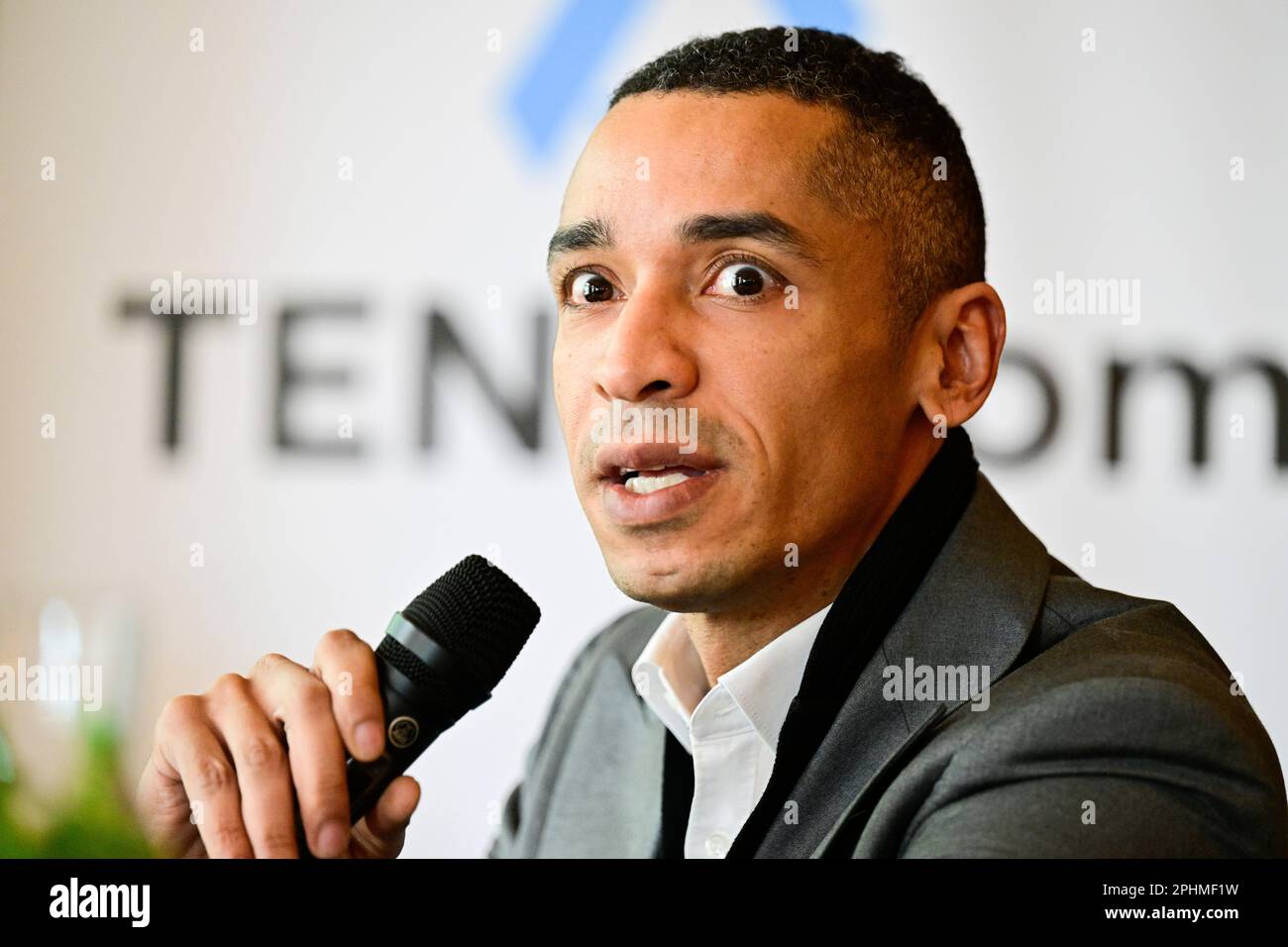 Prague, Czech Republic. 29th Mar, 2023. David Tacl, director of the  TENT.com, speaks during the press conference to present Czech crypto  platform TENT.com with Mastercard card, on March 29, 2023, in Prague,