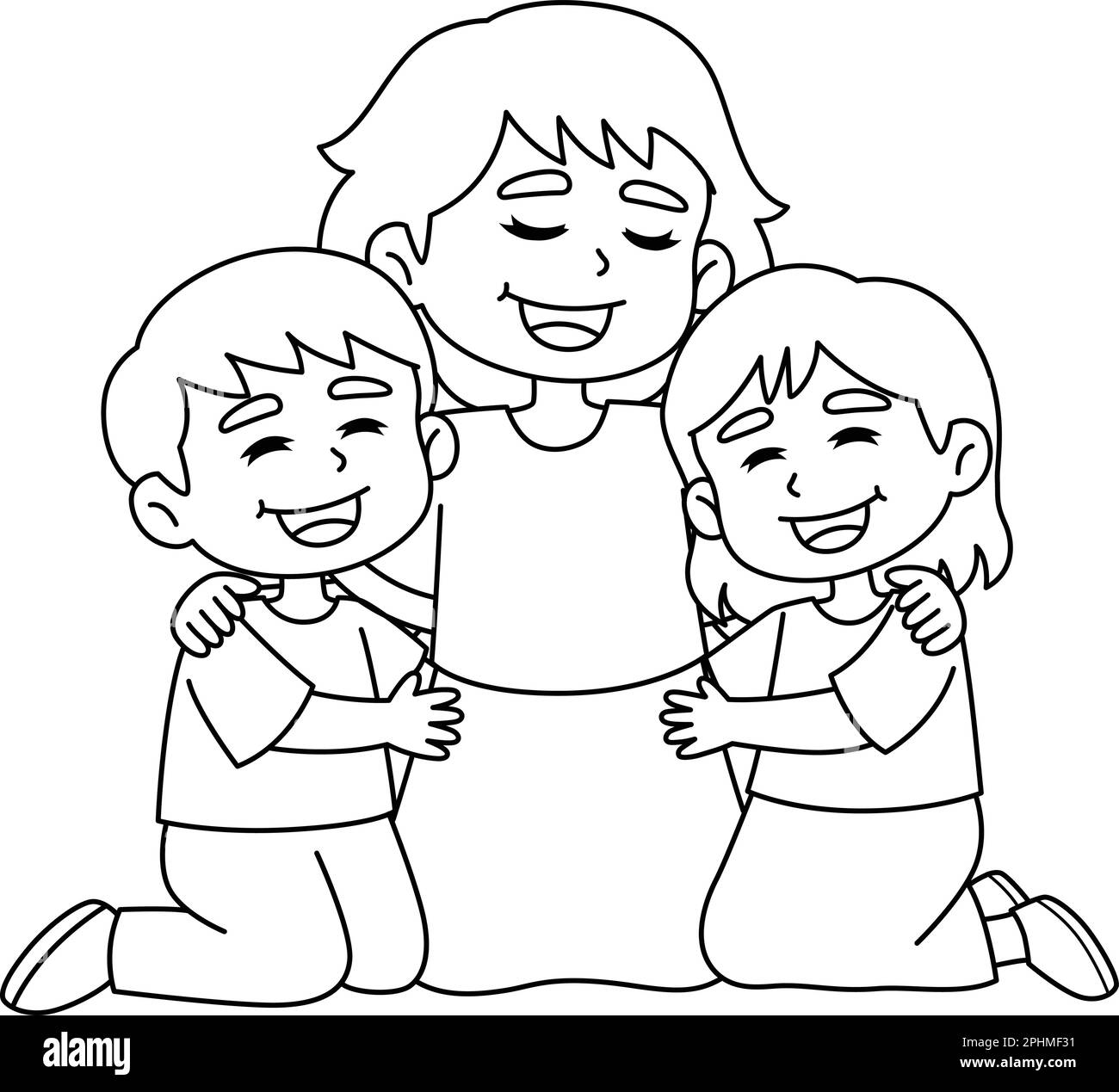 Mother Hugging the Children Isolated Coloring Page Stock Vector Image