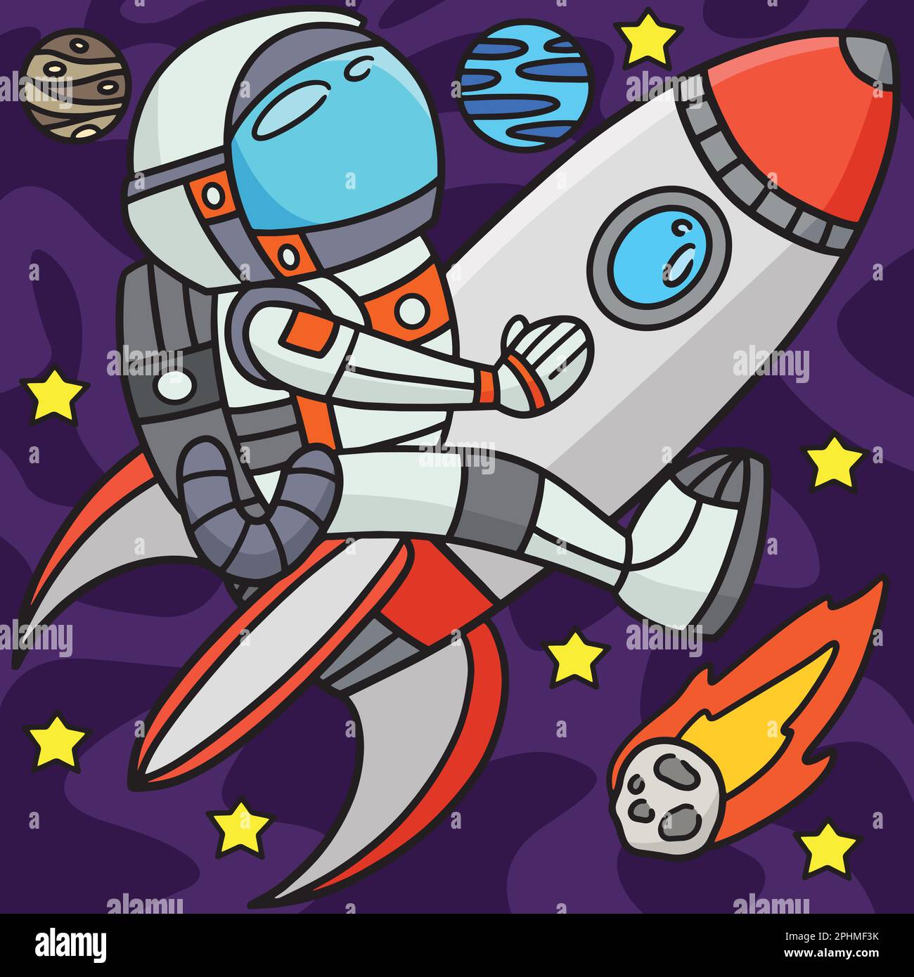 Astronaut Riding On A Rocket Ship Colored Cartoon Stock Vector