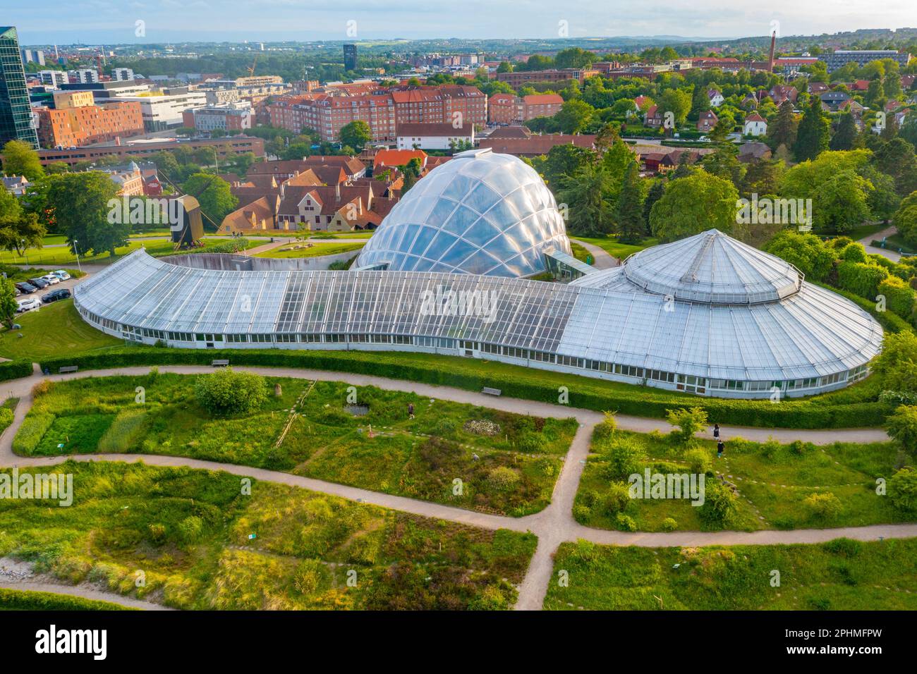 aerial-view-of-greenhouse-at-aarhus-botanical-garden-denmark-stock