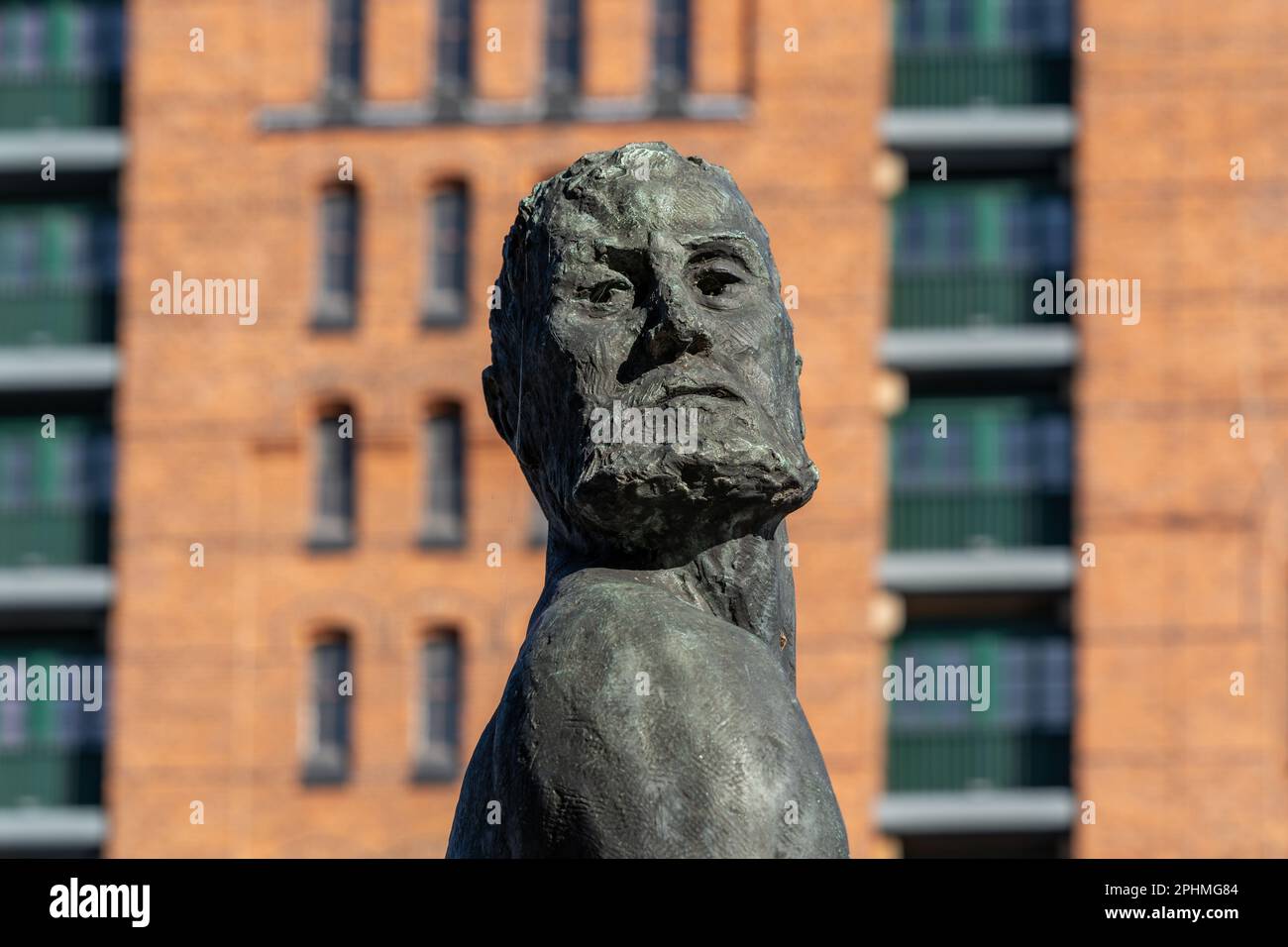 Hamburg, Germany, March 13, 2018 - Störtebeker monument captured in close-up against the backdrop of the Maritime Museum in Hamburg's HafenCity. Stock Photo